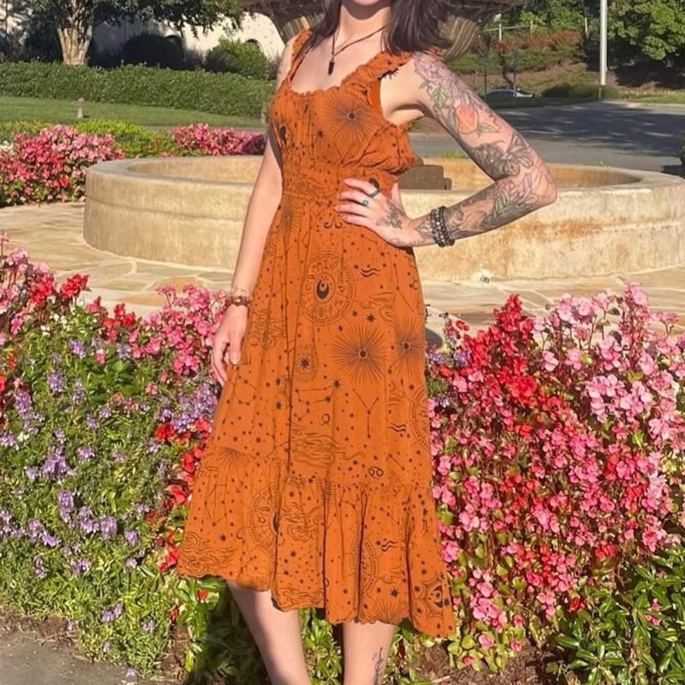 NWT Anthropologie Patrons of Peace Orange and Black Celestial Midi Dress